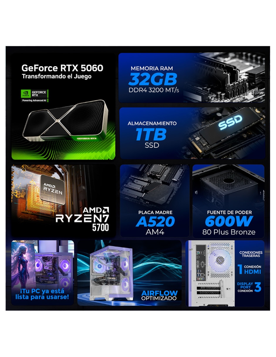 Computadora gamer Xtreme Pc Gaming XTPCR732GB5060MCHL 27 pulgadas Full HD AMD Ryzen 7 NVIDIA GeForce RTX 5060 32 GB RAM 1 TB SSD