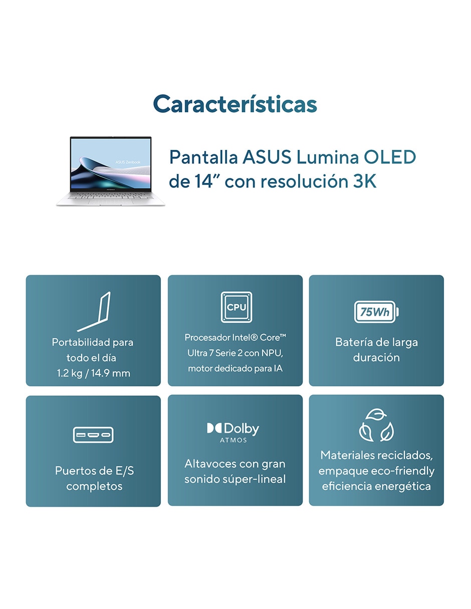 Laptop UX3405CA-QD1241W 14 pulgadas WUXGA Intel Core Ultra 7 255H Intel Arc 32 GB RAM 512 GB 10