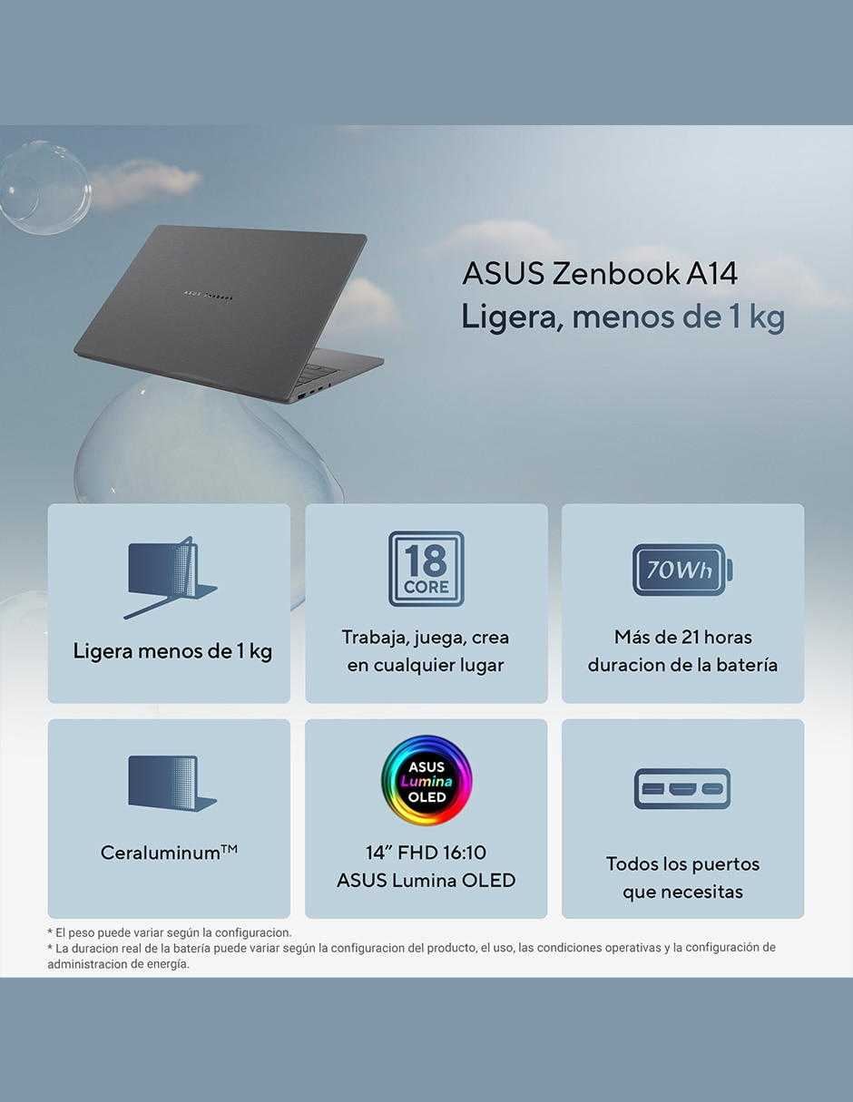 Computadora ux3407na-qd134w 14 pulgadas wuxga snapdragon x elite qualcomm adreno 32 gb ram 512 gb ssd 2