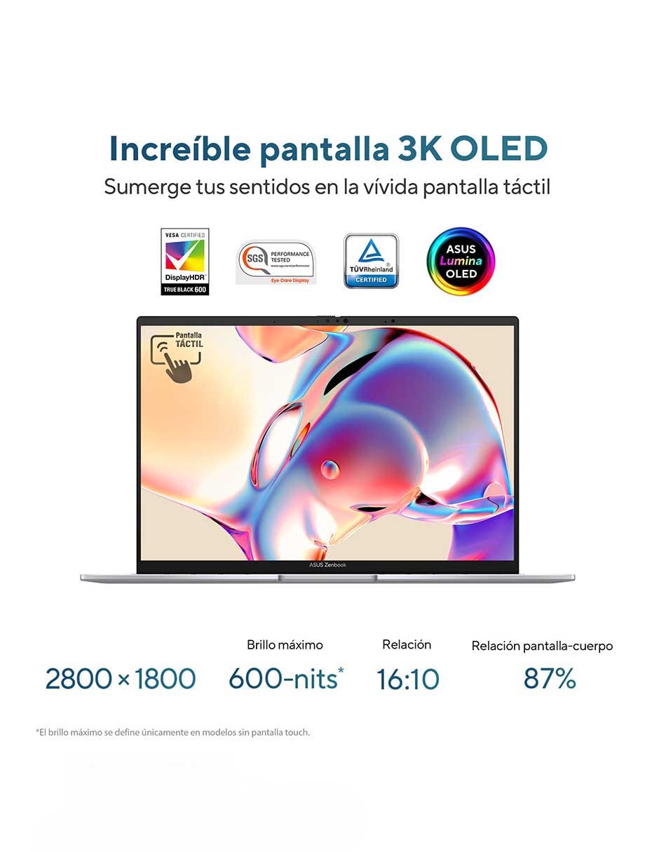 Computadora touch ux3405ca-ql216w 14 pulgadas wuxga intel core ultra 5 225h intel arc 16 gb ram 1 tb ssd 7