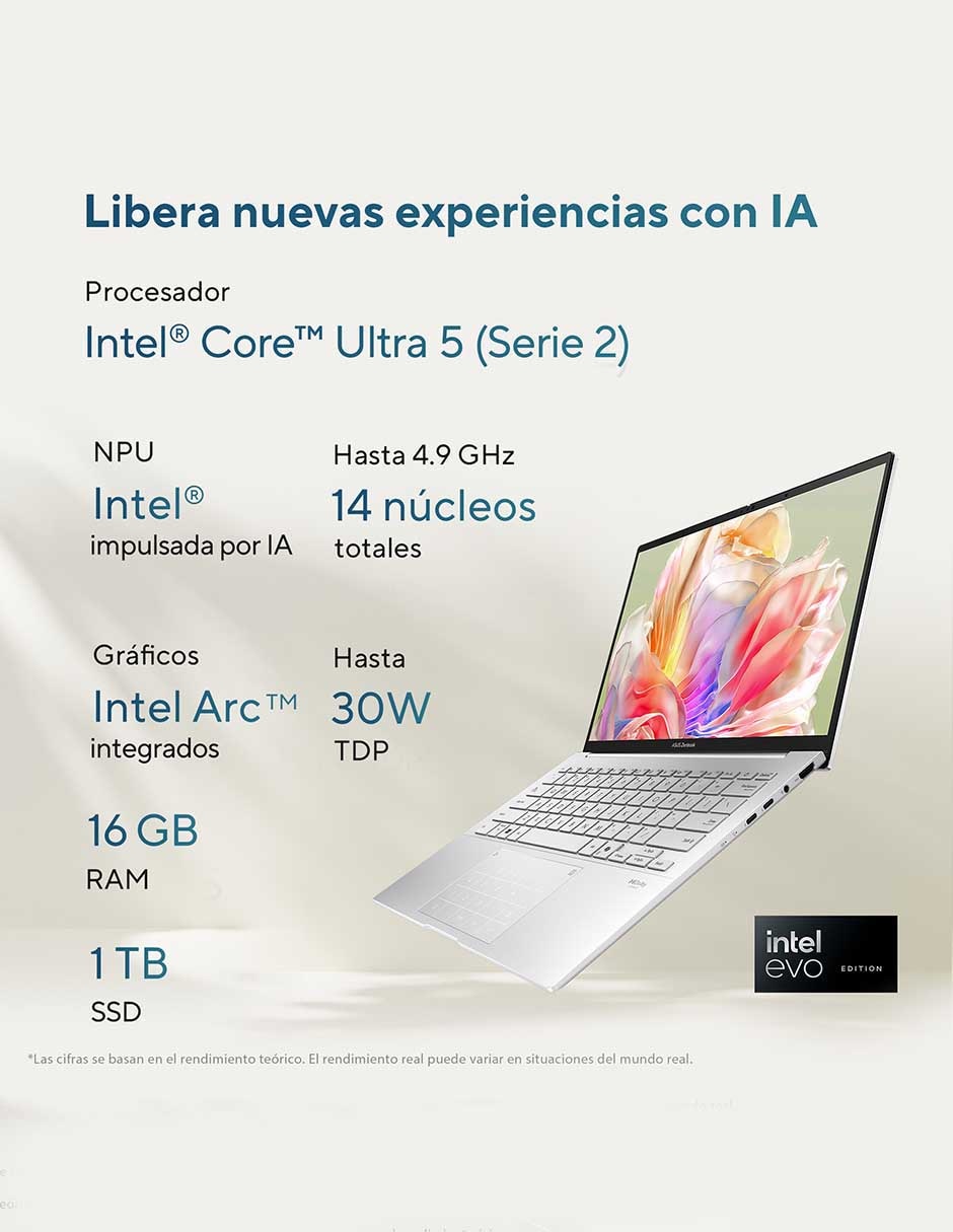 Computadora touch ux3405ca-ql216w 14 pulgadas wuxga intel core ultra 5 225h intel arc 16 gb ram 1 tb ssd