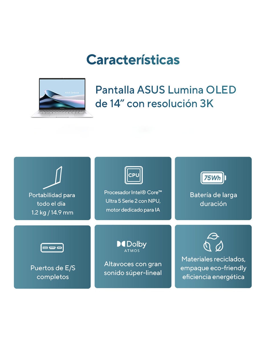 Computadora touch ux3405ca-ql216w 14 pulgadas wuxga intel core ultra 5 225h intel arc 16 gb ram 1 tb ssd 9