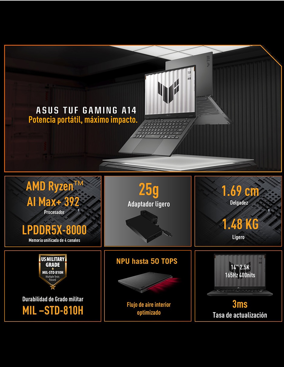 Computadoraasus fa401ea-rg005w 14 pulgadas wqxga amd ryzen ai max 390 amd radeon 64 gb ram 1 tb SSD