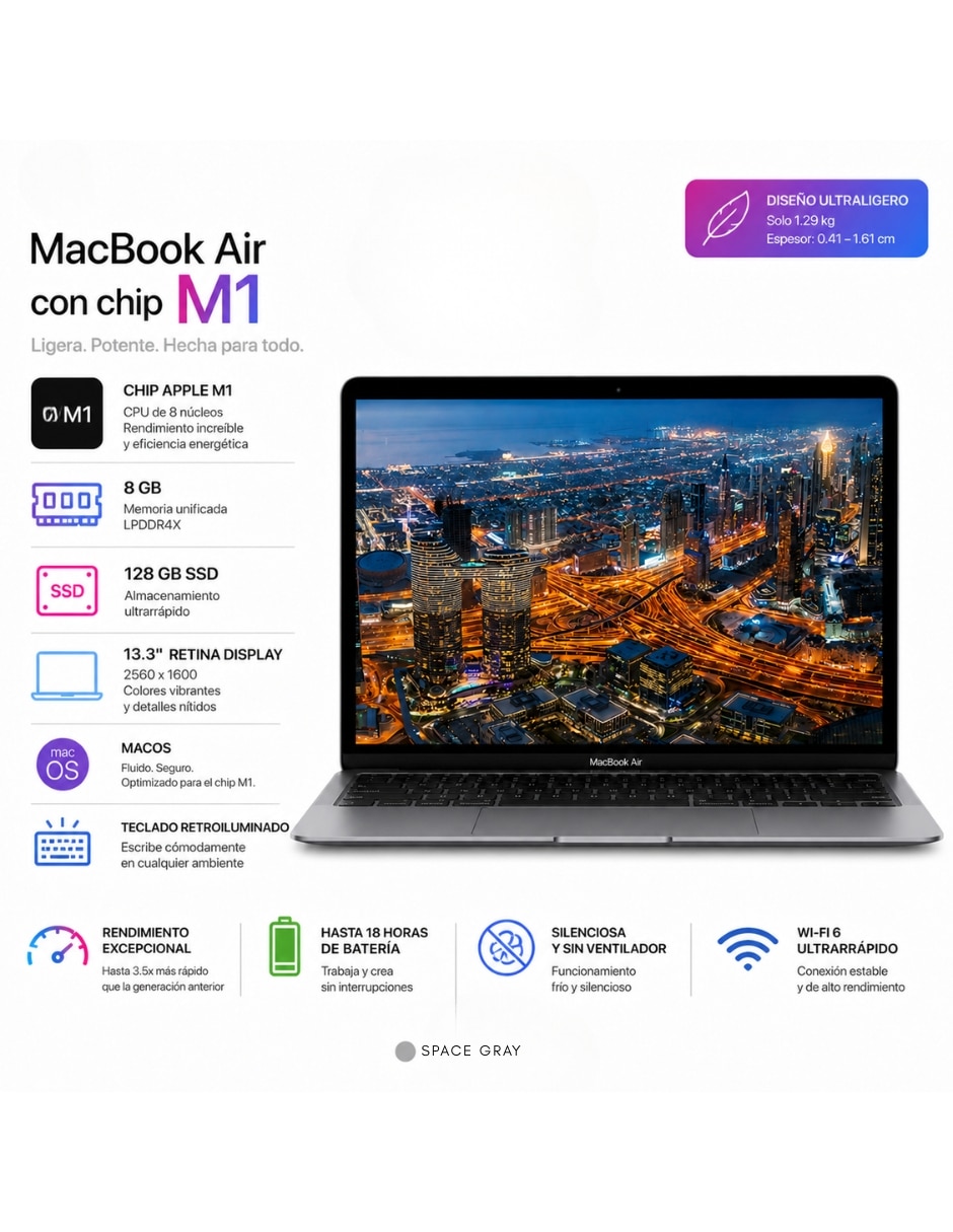 Laptop A2337 13.3 pulgadas 2560 x 1600 M1 Integradas 8 GB RAM 128 GB Reacondicionado 2