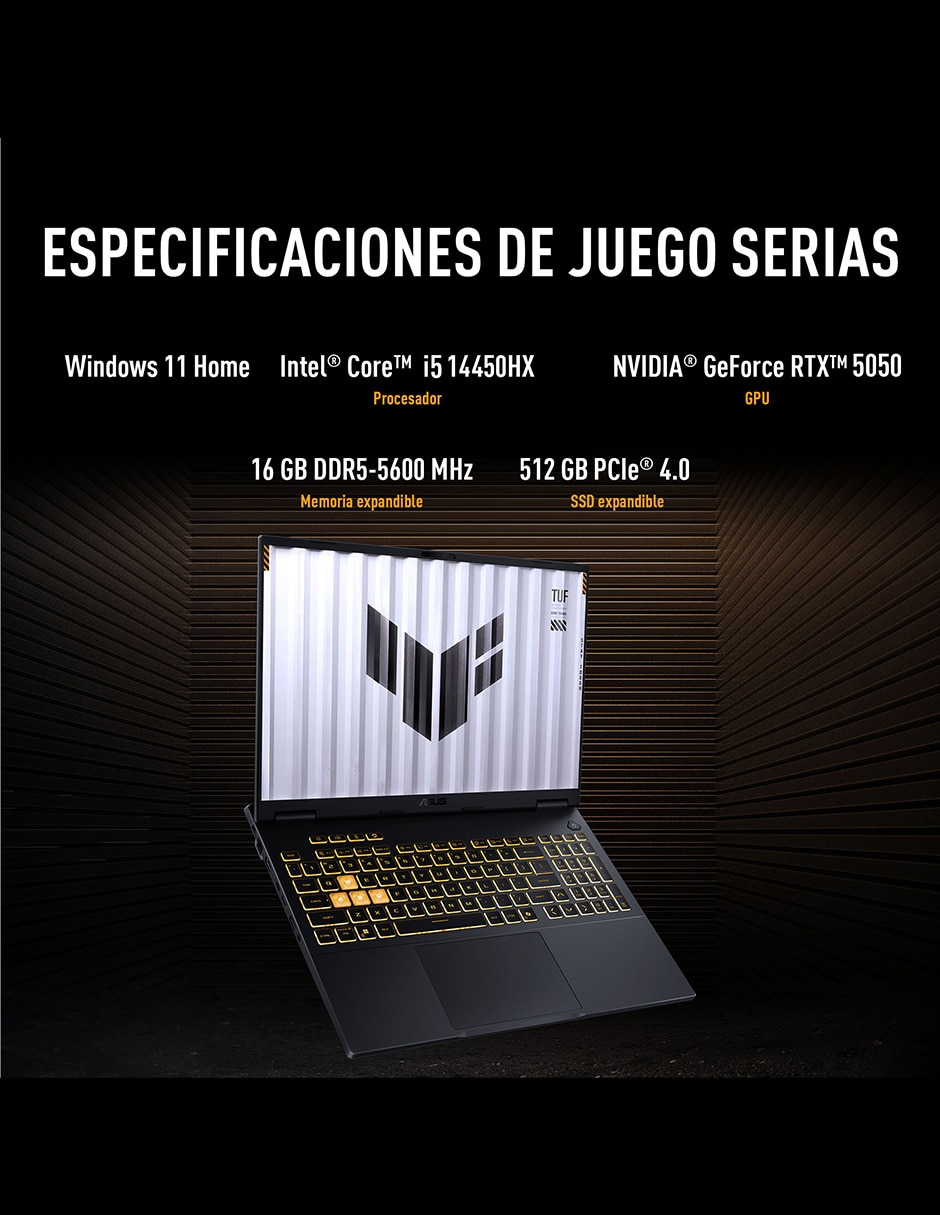 Laptop gamer ASUS TUF Gaming F16 16 pulgadas Full HD+ Intel Core i5 14450HX NVIDIA GeForce RTX 5050 16 GB RAM 512 GB SSD 7