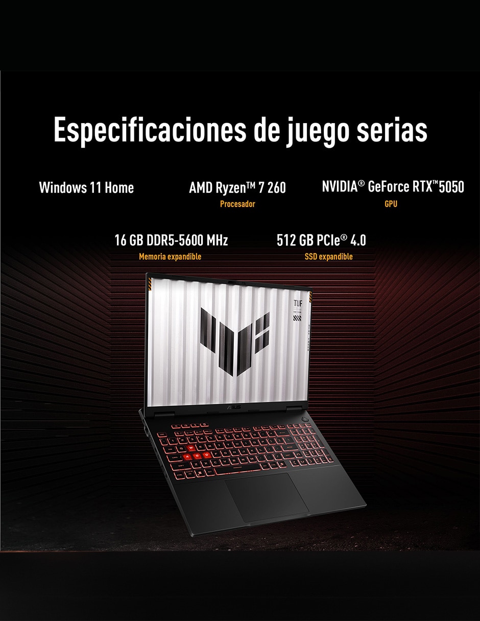 Computadora Tuf Gaming A16 16 pulgadas Full HD+ AMD Ryzen 7 260 NVIDIA GeForce RTX 5050 16 GB RAM 512 GB SSD 9