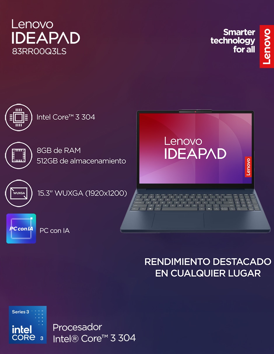 Laptop touch 83RR00Q3LS 15.3 pulgadas WUXGA Intel core 3 Integradas 8 GB RAM 512 GB 7