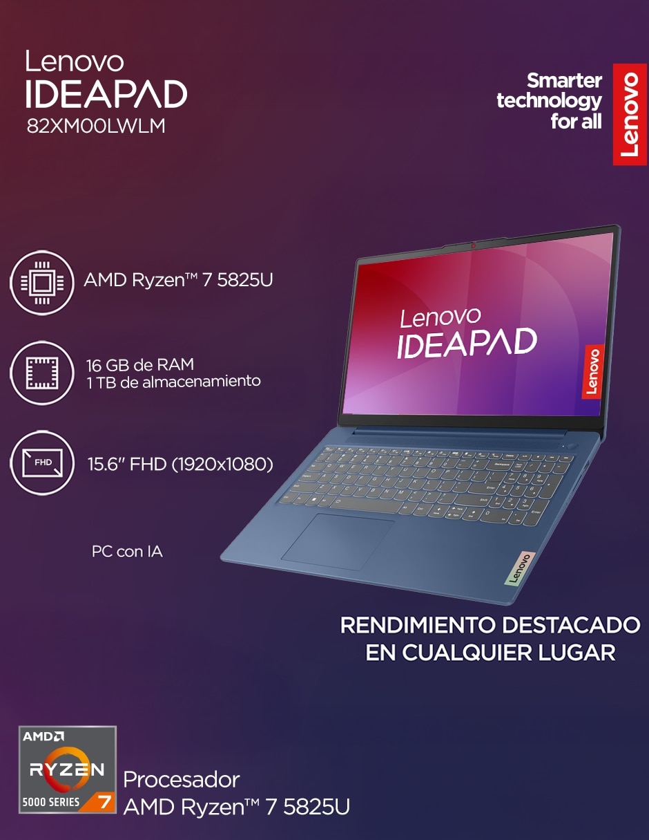 Laptop 82XM00LWLM 15.6 pulgadas Full HD AMD Ryzen 7 Integradas 16 GB RAM 1 TB SSD 8
