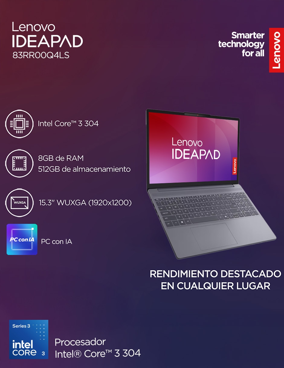 Laptop touch 83RR00Q4LS 15.3 pulgadas WUXGA Intel core 3 Integradas 8 GB RAM 512 GB 7