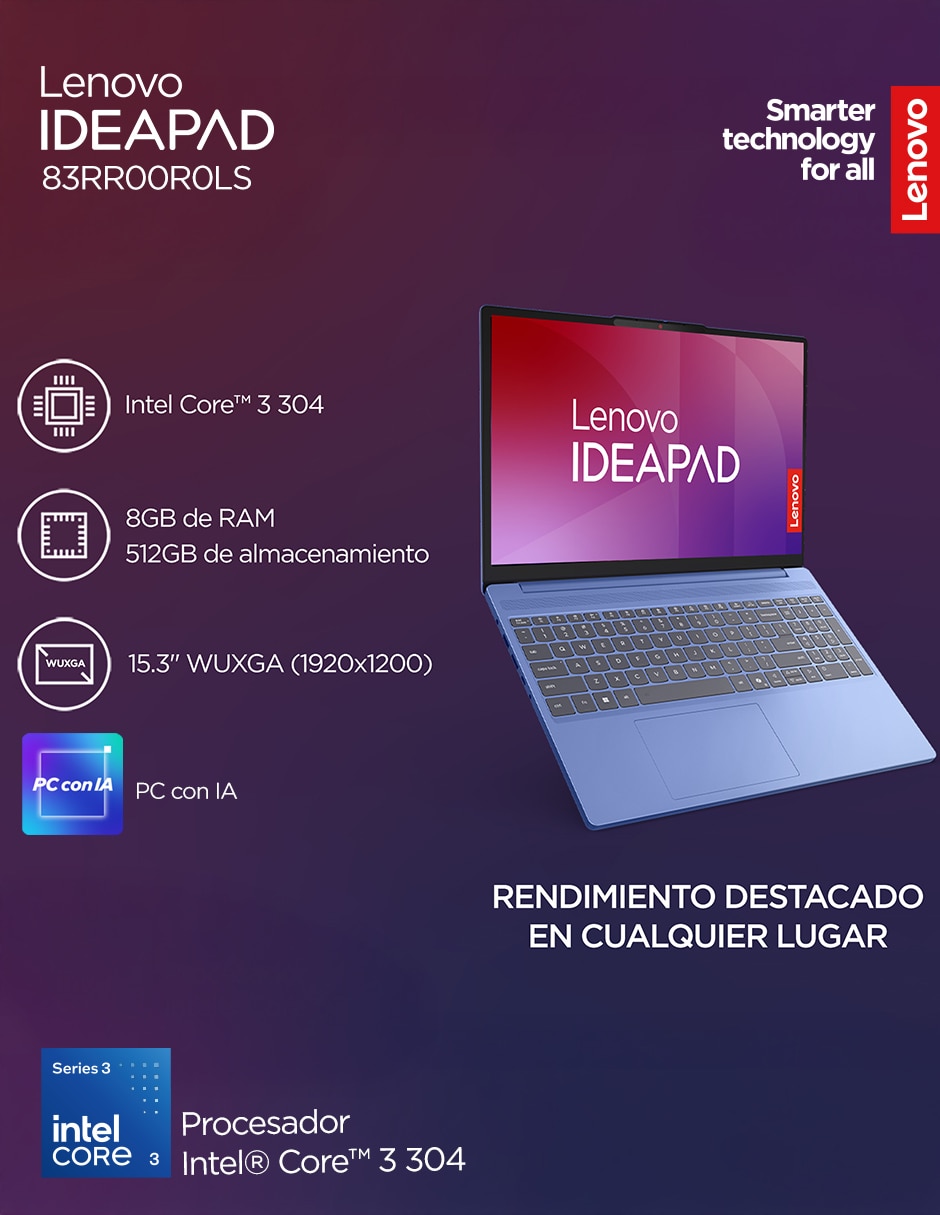 Laptop touch 83RR00R0LS 15.3 pulgadas WUXGA Intel core 3 Integradas 8 GB RAM 512 GB 7