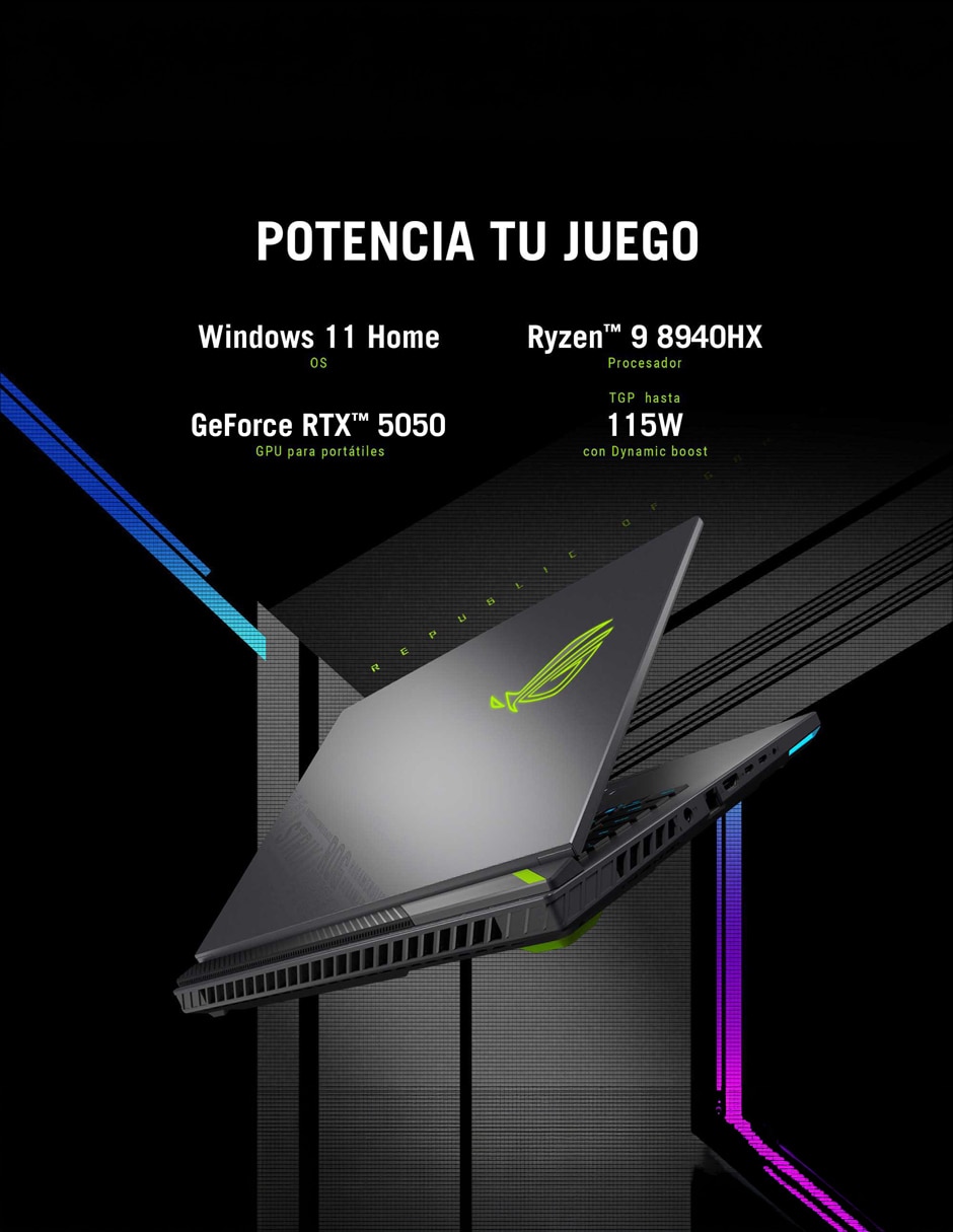 Laptop gamer ROG Strix G16 16 pulgadas Full HD+ AMD Ryzen 9 8940HX NVIDIA GeForce RTX 5050 16 GB RAM 512 GB 10