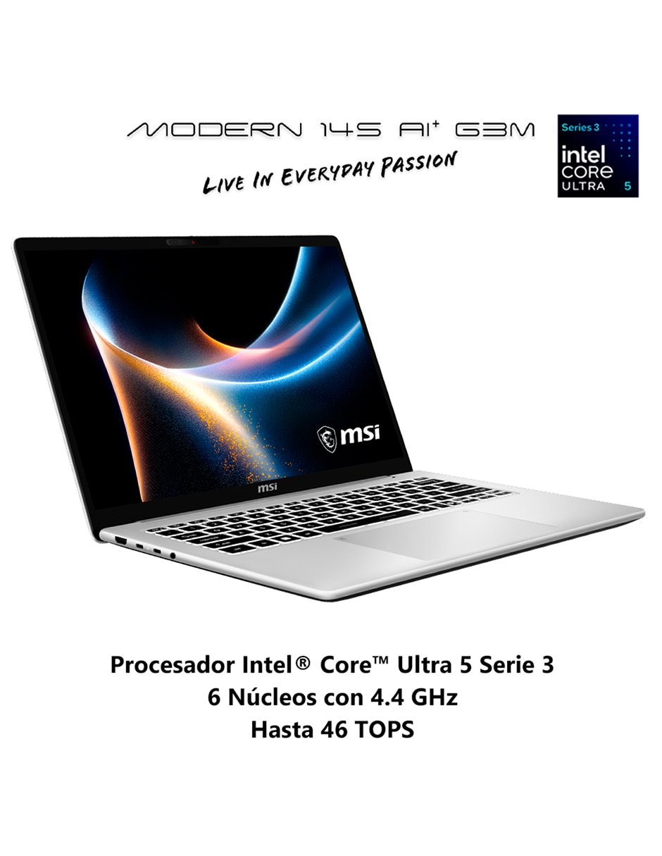 Laptop Modern 14S AI+ G3MG-066MX 14 pulgadas Full HD+ Intel core ultra 5 Integradas 8 GB RAM 512 GB 4