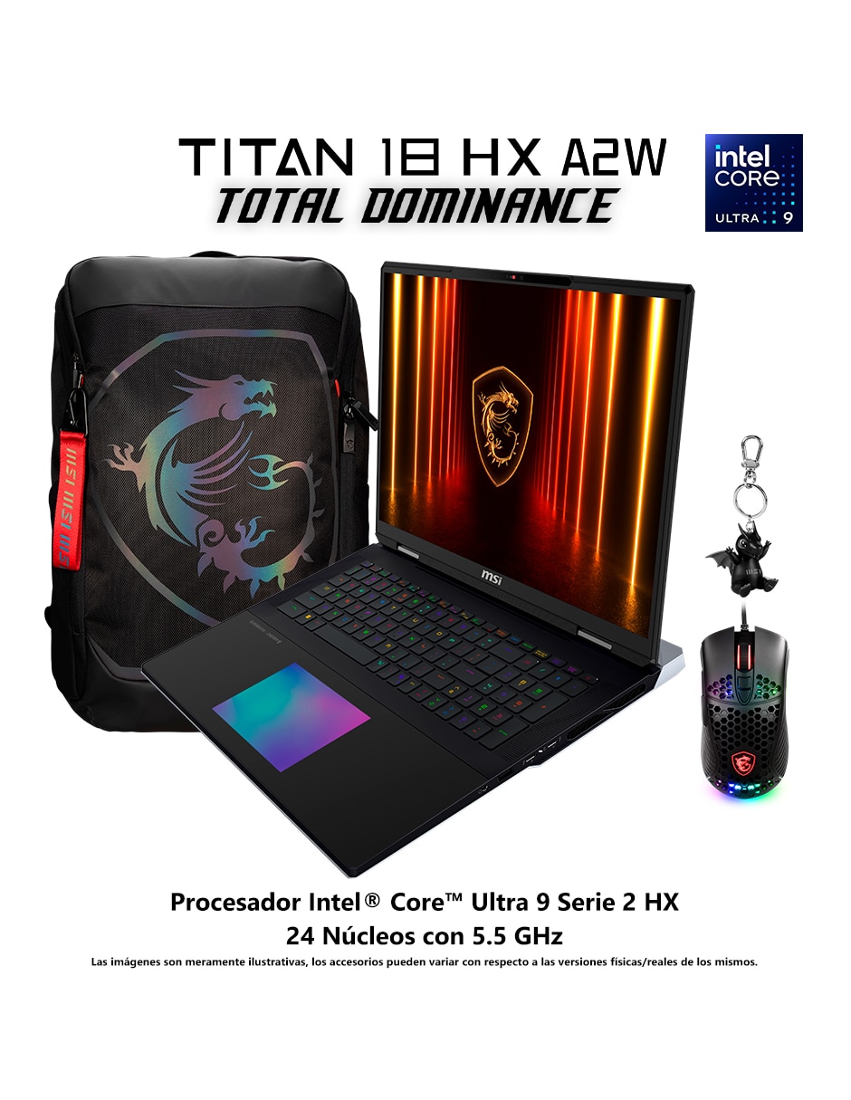 Laptop gamer titan 18 hx a2wj-1428mxy 18 pulgadas uhd+ intel core ultra 9 nvidia geforce rtx 5090 64 gb ram 2 tb 9