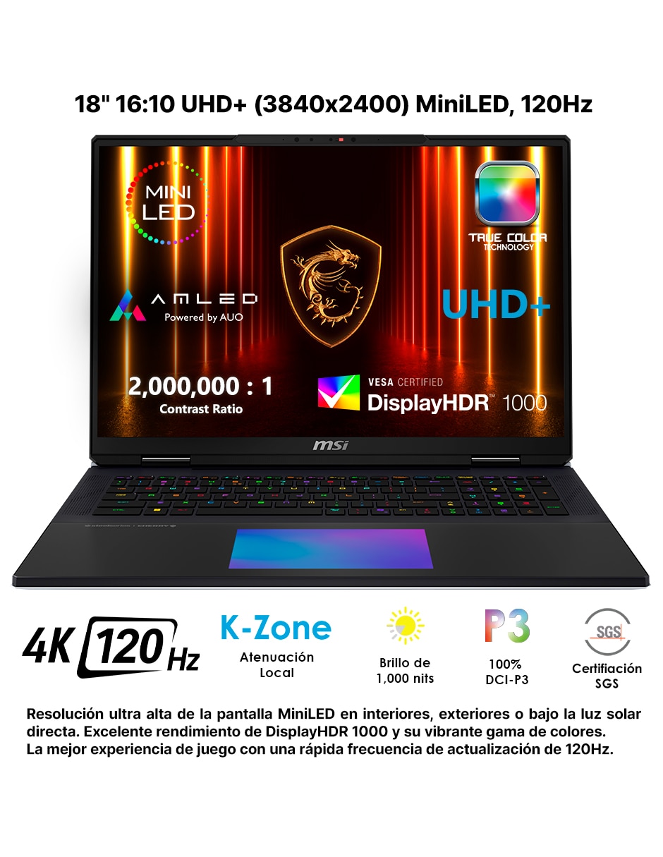 Laptop gamer titan 18 hx a2wj-1428mxy 18 pulgadas uhd+ intel core ultra 9 nvidia geforce rtx 5090 64 gb ram 2 tb 10