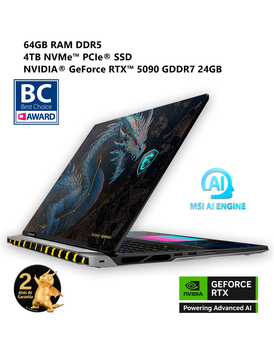 Laptop gamer titan 18 hx dragon edition draco epic a2wj-1429mxy 18 pulgadas uhd+ intel core ultra 9 nvidia geforce rtx 5090 64 gb ram 4 tb 10