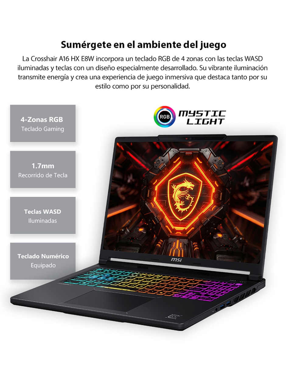 Laptop gamer crosshair a16 hx e8wgk-048mx 16 pulgadas qhd+ amd ryzen 9 8940hx nvidia geforce rtx 5070 16 gb ram 1 tb 7