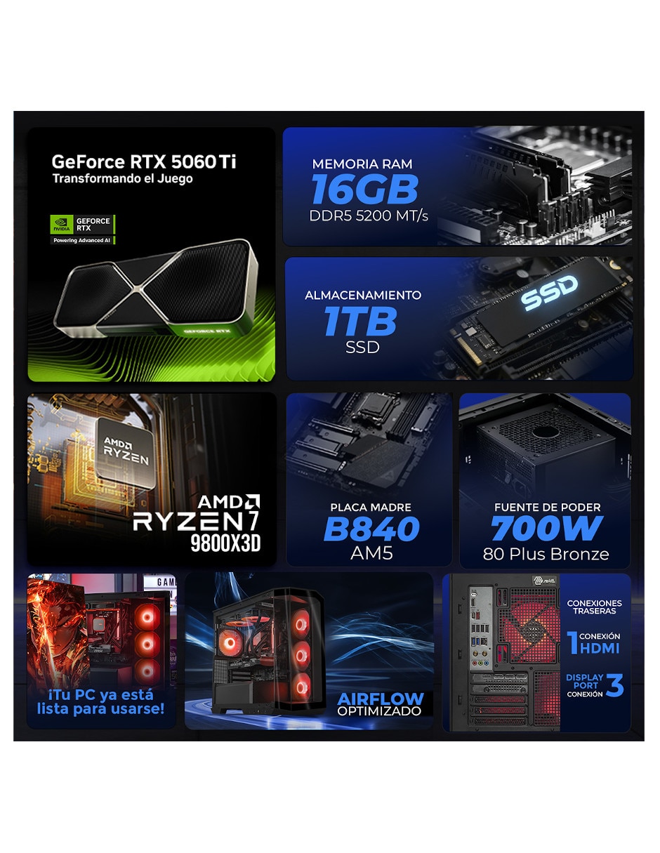 Computadora gamer 27 pulgadas Full HD AMD Ryzen 7 NVIDIA GeForce RTX 5060 Ti 16 GB 1 TB 5