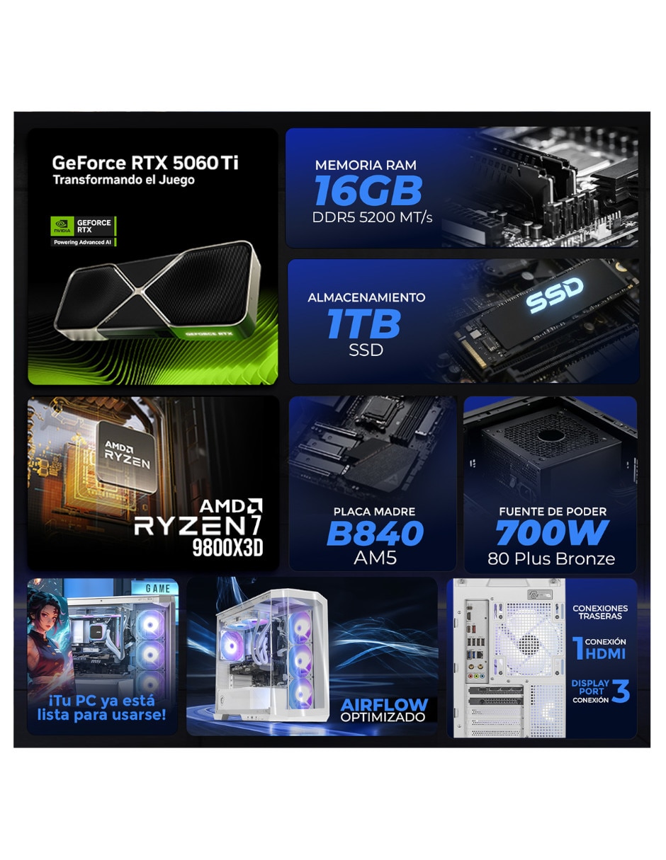 Computadora gamer amd ryzen 7 nvidia geforce rtx 5060 ti 16 gb ram 1 tb