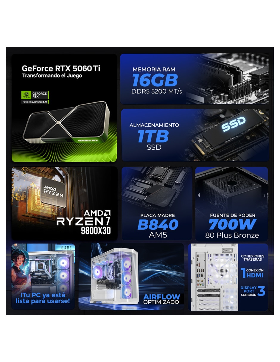 Computadora gamer 27 pulgadas full hd amd ryzen 7 nvidia geforce rtx 5060 ti 16 gb ram 1 tb