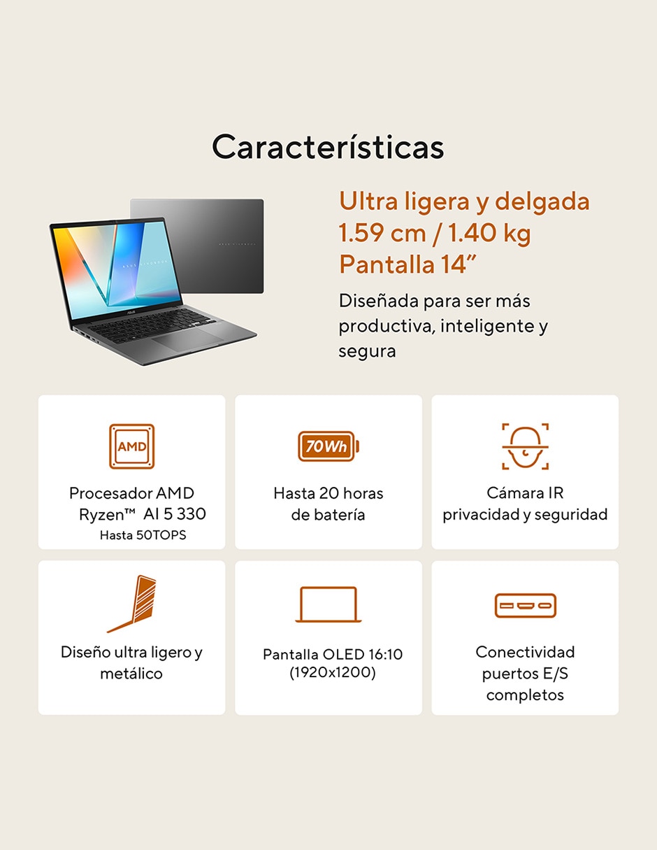 Laptop Vivobook 14 pulgadas WUXGA AMD Ryzen AI 5 330 AMD Radeon 16 GB RAM 512 GB 4