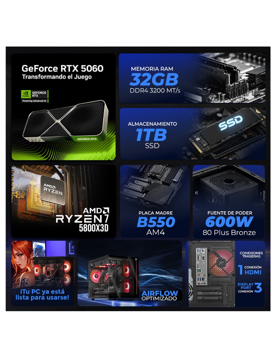Computadora gamer 31.5 pulgadas Full HD AMD Ryzen 7 NVIDIA GeForce RTX 5060 32 GB RAM 1 TB SSD