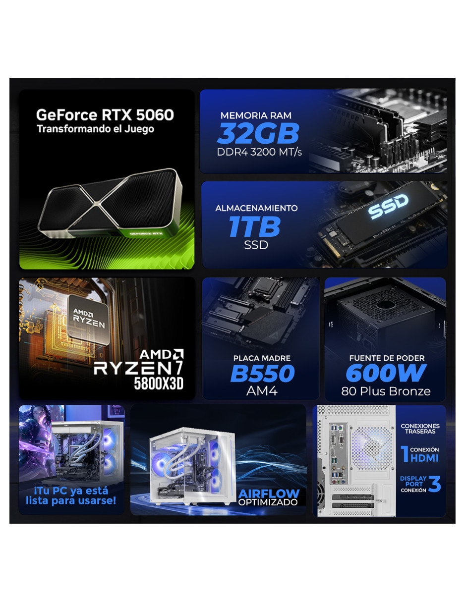 Computadora gamer 31.5 pulgadas Full HD AMD Ryzen 7 NVIDIA GeForce RTX 5060 32 GB RAM 1 TB SSD