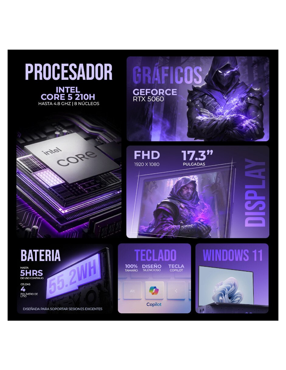 Laptop gamer No 17.3 pulgadas Full HD Intel core 5 NVIDIA GeForce RTX 5060 16 GB RAM No aplica 512 GB 8