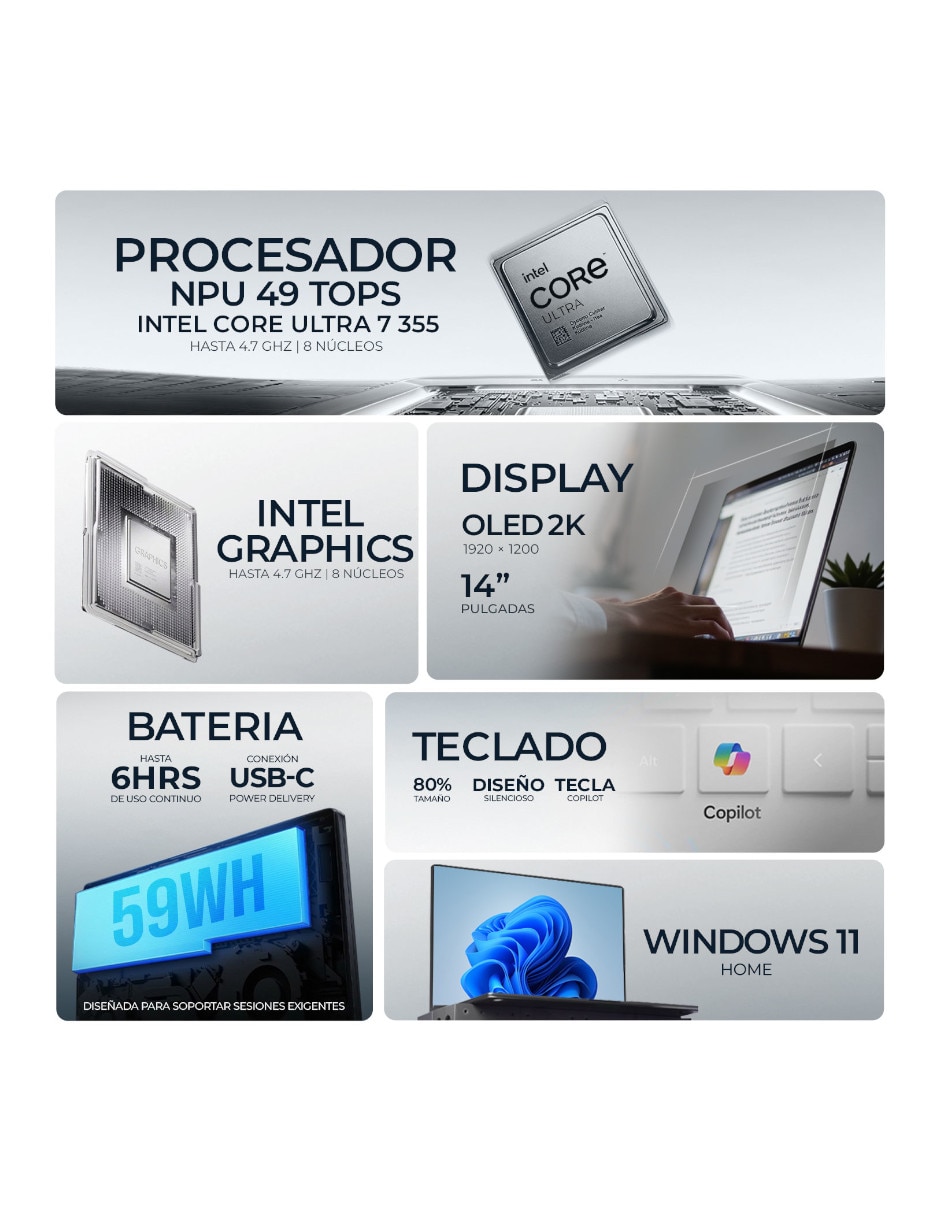 Laptop 2 en 1 No 14 pulgadas 2K Intel core ultra 7 Integradas 16 GB RAM No aplica 1 TB 8