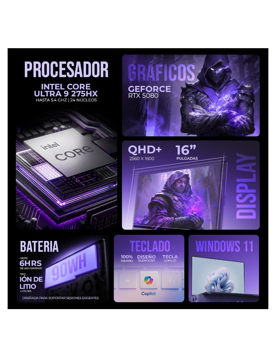 Laptop gamer 16 pulgadas qhd+ Intel core ultra 9 nvidia geforce rtx 5080 64 gb ram 1 tb 8