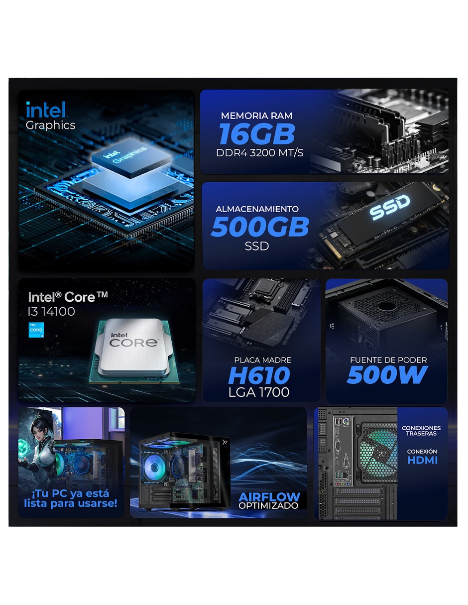 Computadora gamer Intel Core i3 Intel UHD Graphics 730 16 GB RAM 500 GB SSD