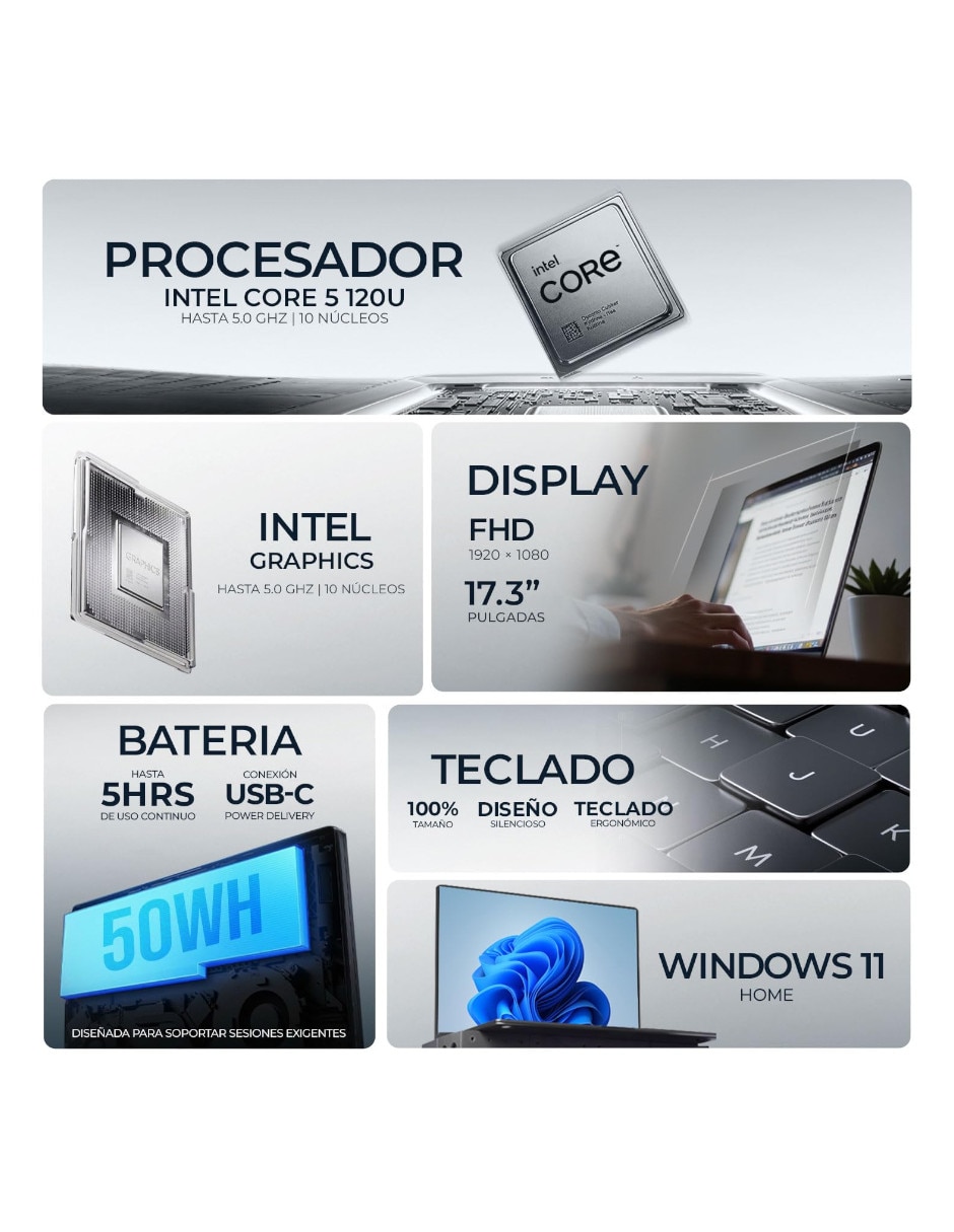 Laptop 17.3 pulgadas full hd intel core 5 integradas 16 gb ram 512 gb 7