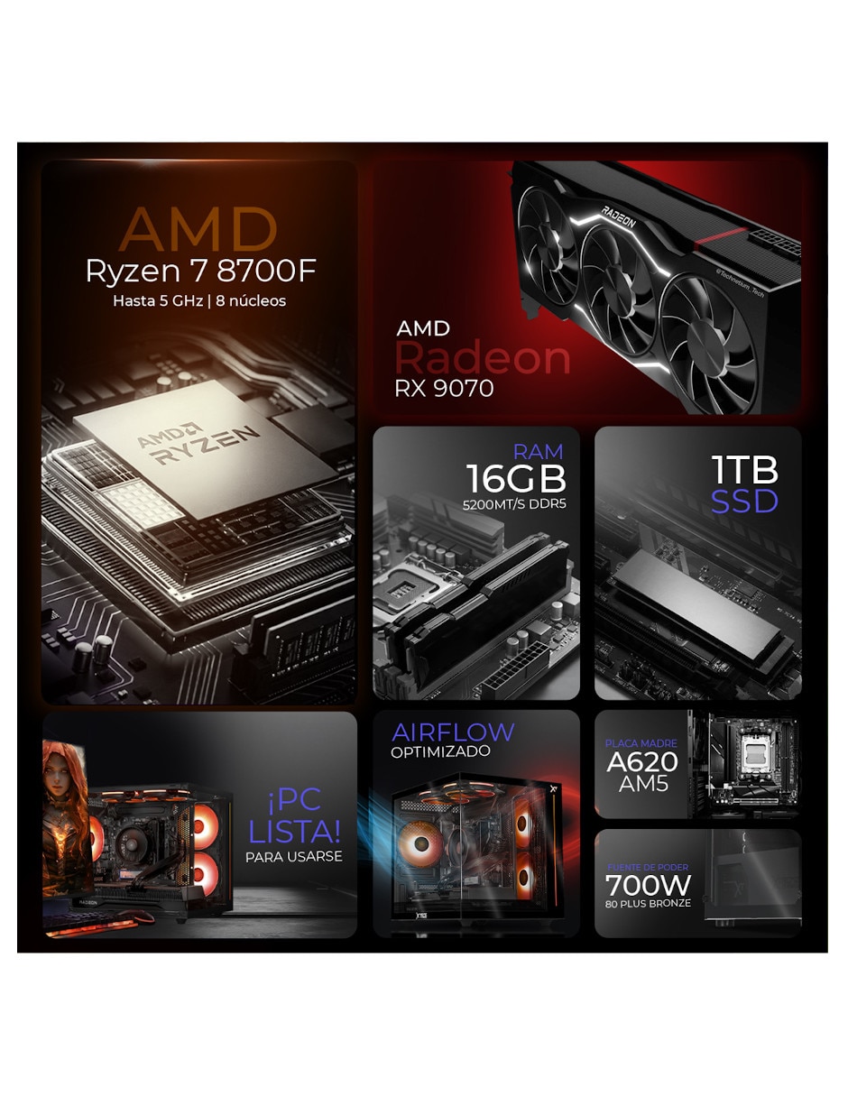 Computadora gamer AMD Ryzen 7 AMD Radeon RX 9070 16 GB RAM 1 TB SSD 9