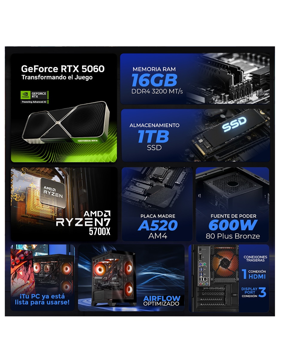 Computadora gamer 27 pulgadas full hd amd ryzen 7 nvidia geforce rtx 5060 16 gb ram 1 tb 5