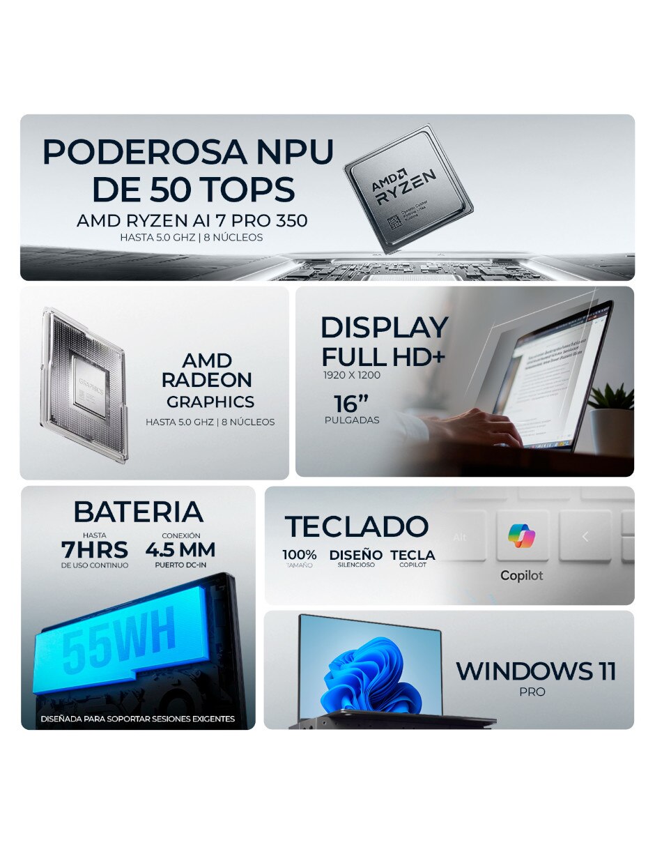 Laptop m3ymm 16 pulgadas full hd+ amd ryzen ai 7 350 integradas 16 gb ram 512 gb ssd 9