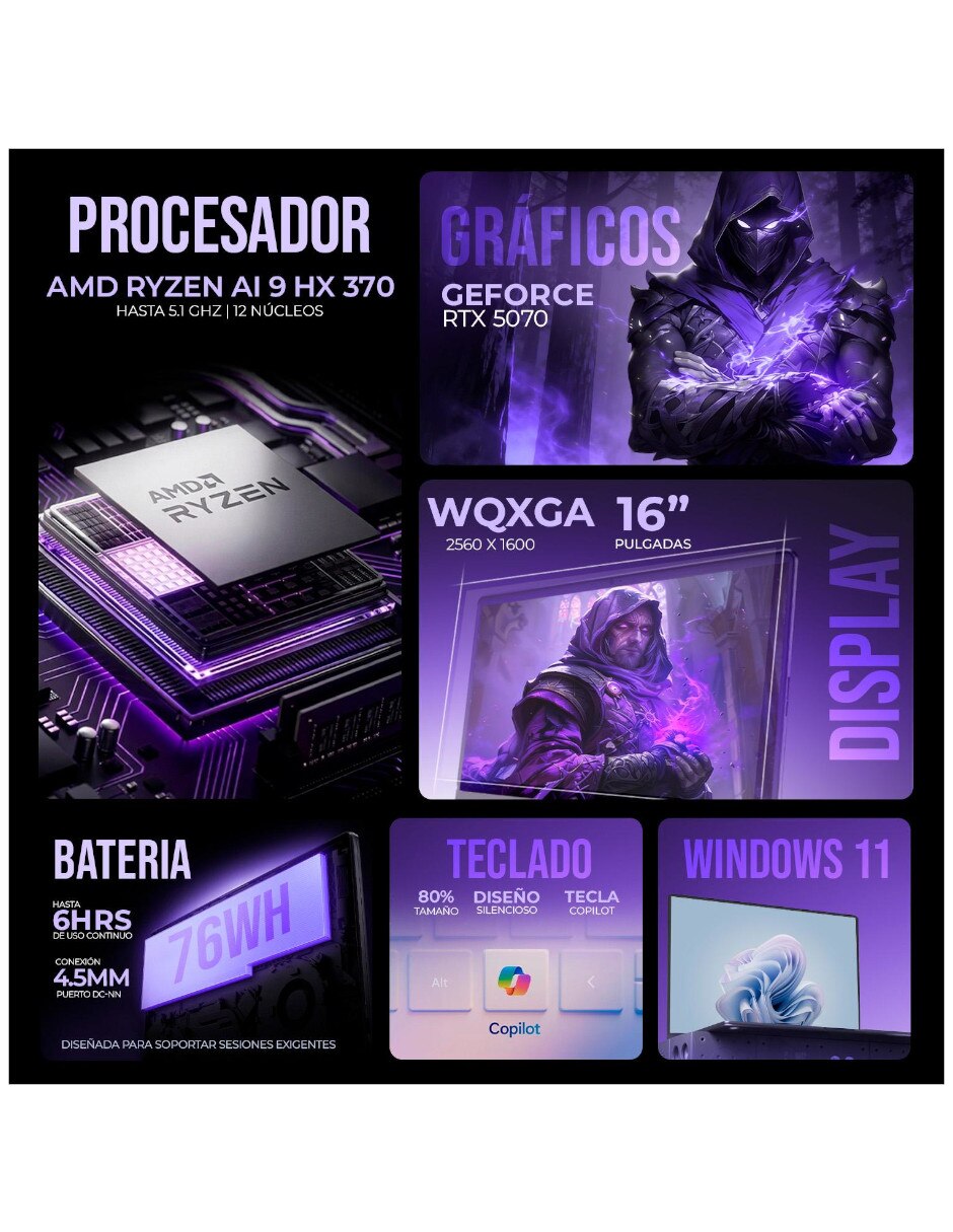 Laptop gamer No AEROX16-5070AI9641T 16 pulgadas WQXGA AMD Ryzen AI 9 NVIDIA GeForce RTX 5070 64 GB RAM No aplica 1 TB No aplica 6
