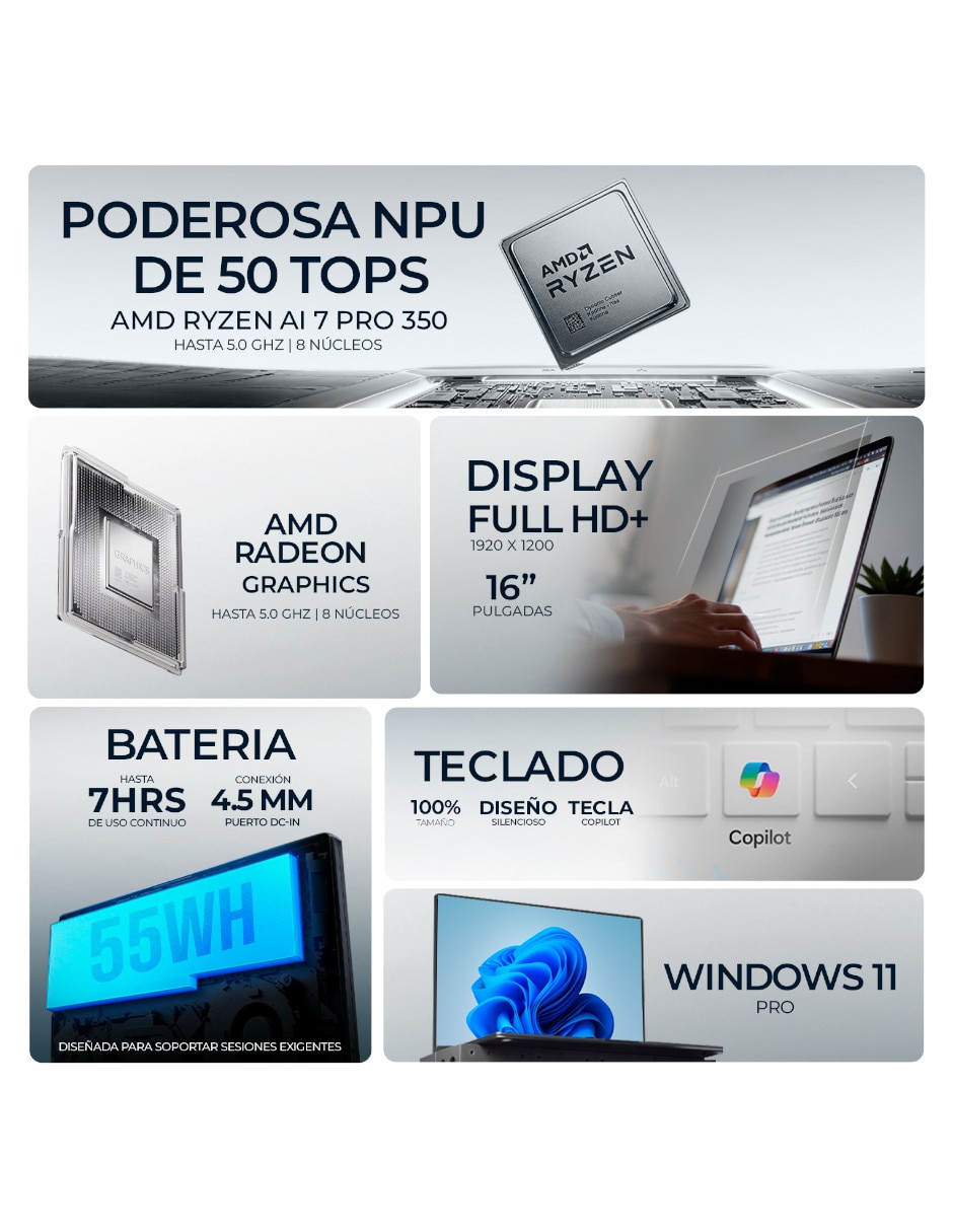 Laptop No PC16255-RA732512 16 pulgadas Full HD+ AMD Ryzen AI 7 Pro 350 Integradas 32 GB RAM No aplica 512 GB No aplica 2