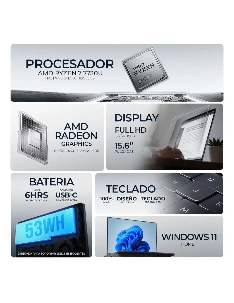 Laptop No 15.6 pulgadas Full HD AMD Ryzen 7 AMD Radeon Graphics 32 GB RAM No aplica 512 GB No aplica 2