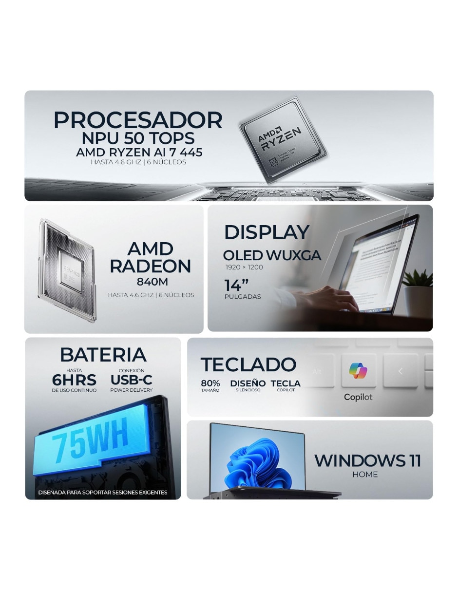 Laptop Sí Zenbook 14 UM3406 14 pulgadas WUXGA AMD Ryzen AI 7 445 AMD Radeon Graphics 16 GB RAM No aplica 1 TB No aplica 2