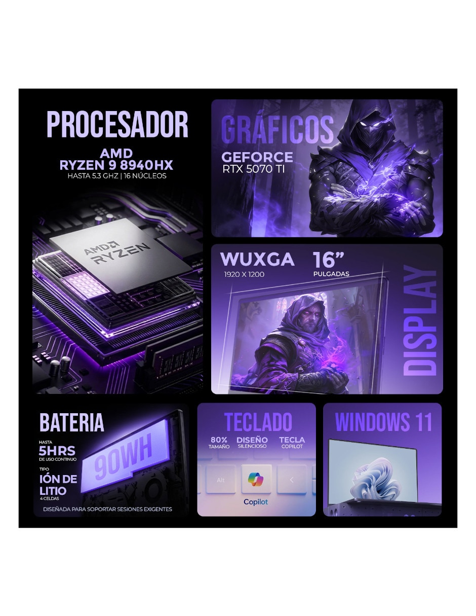 Laptop gamer No 16 pulgadas WUXGA AMD Ryzen 9 NVIDIA GeForce RTX 5070 Ti 16 GB RAM No aplica 1 TB No aplica 2