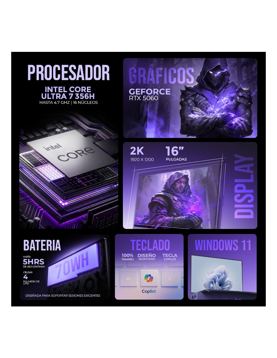 Laptop gamer No 16 pulgadas 2K Intel core ultra 7 NVIDIA GeForce RTX 5060 16 GB RAM No aplica 512 GB No aplica 2