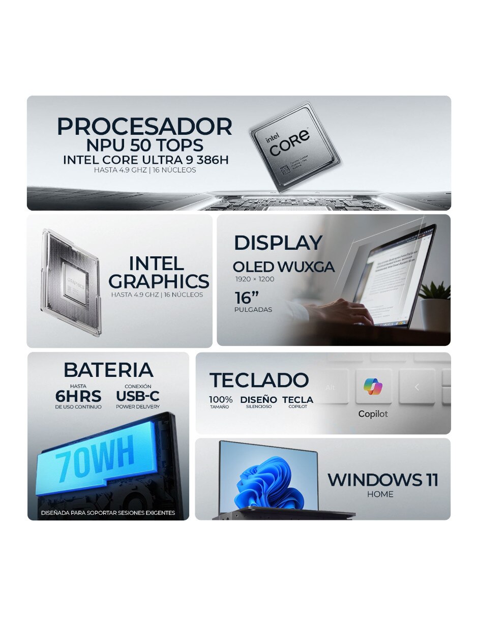 Laptop Sí 16 pulgadas WUXGA Intel core ultra 9 Integradas 32 GB RAM No aplica 1 TB No aplica 2