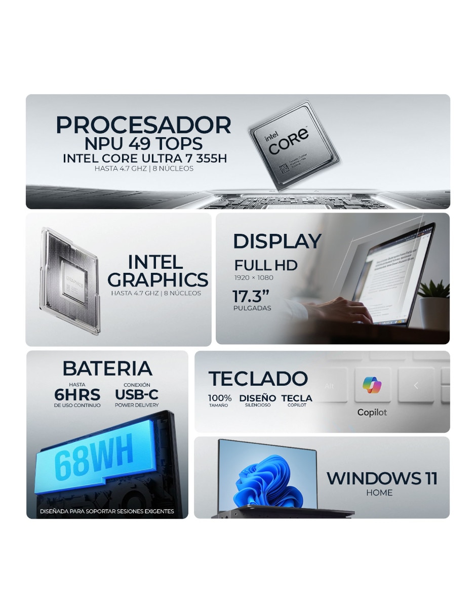 Laptop Sí 17.3 pulgadas Full HD Intel core ultra 7 Integradas 16 GB RAM No aplica 1 TB No aplica 2