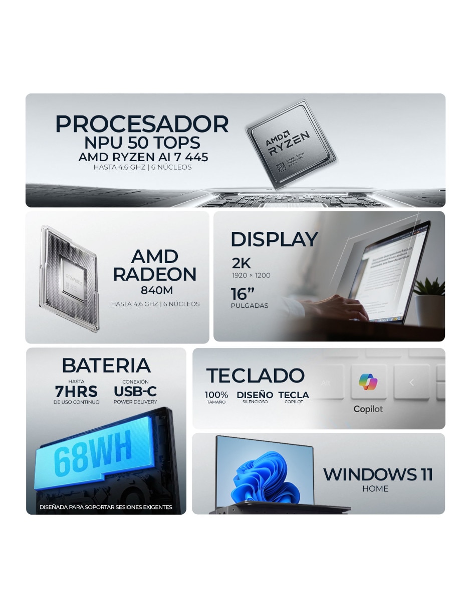 Laptop touch 16 pulgadas 2k amd ryzen ai 7 445 amd radeon graphics 32 gb ram 1 tb 2