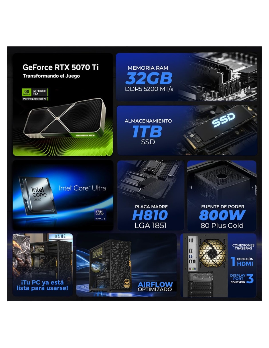 Computadora gamer Xtreme Top Intel Core Ultra 7 265KF NVIDIA GeForce RTX 5070 Ti 32 GB RAM 1 TB SSD 7