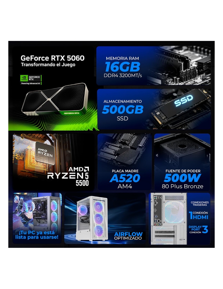 Computadora gamer Xtreme PC Gaming XTPCR532GB4060DW AMD Ryzen 5 NVIDIA GeForce RTX 5060 16 GB RAM 500 GB SSD