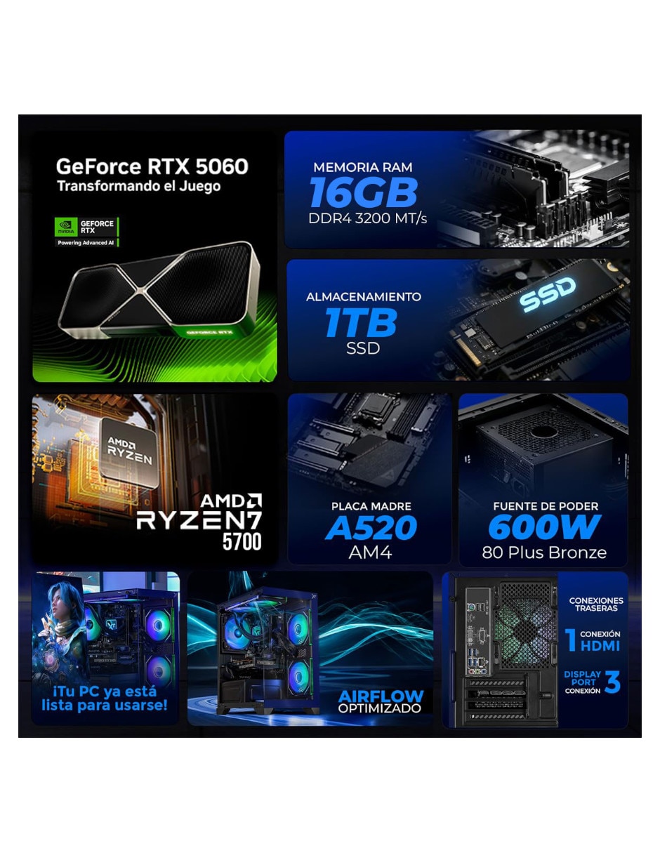 Computadora gamer Xtreme PC Gaming XTPCR732GB5060MCHB 27 pulgadas Full HD AMD Ryzen 7 NVIDIA GeForce RTX 5060 16 GB RAM 1 TB SSD